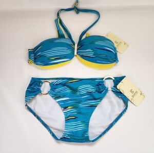 New Guria Bikini XL Padded Bandeau Top XL Hipster Bottoms Blue Yellow Beach